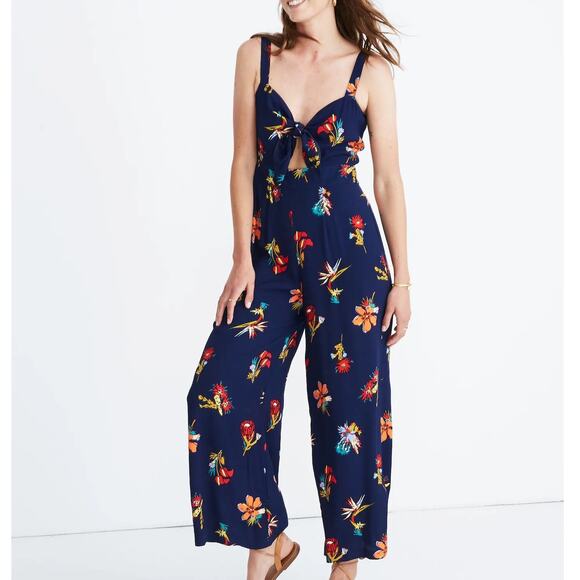 Madewell Plumeria Cutout Navy Bird of Paradise Print Sleeveless Smocked Jumpsuit - Picture 1 of 11